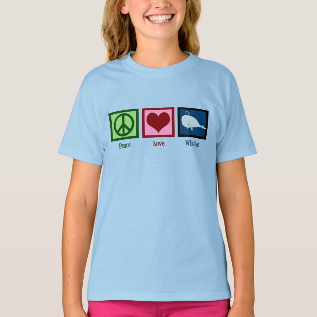 Peace Love Whales Blue Girl's T-Shirt (Front)