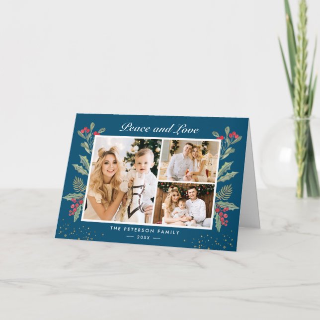 Peace Love Winter Blue Christmas Berries 3 Photo Holiday Card (Front)