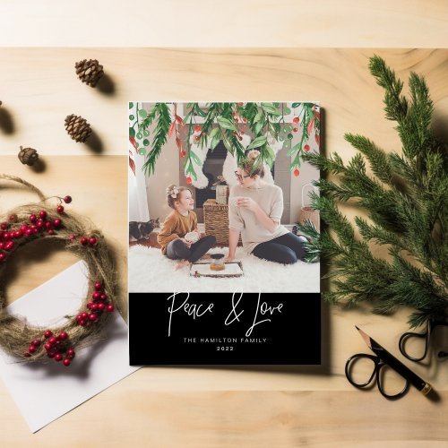 Peace  Love Winter Foliage Holiday Card Black