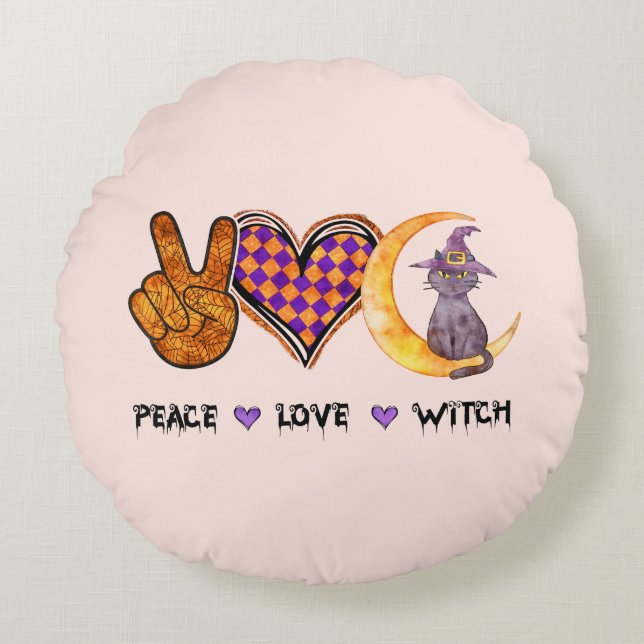 Peace Love Witch – Halloween Design Round Pillow (Front)