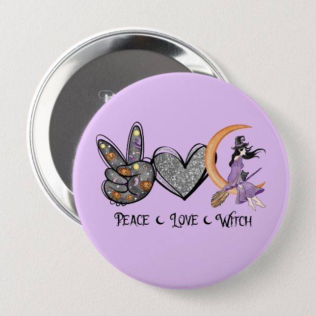 Peace, Love, Witch – Peace Sign, Heart & Witch Button (Front & Back)