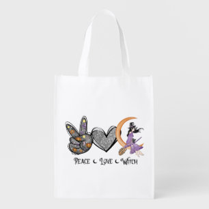 Peace, Love, Witch – Peace Sign, Heart & Witch Grocery Bag