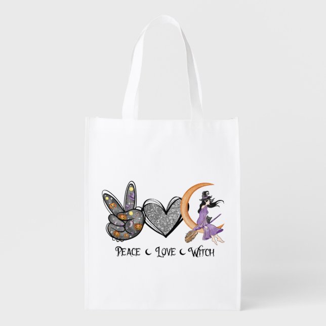 Peace, Love, Witch – Peace Sign, Heart & Witch Grocery Bag (Front)