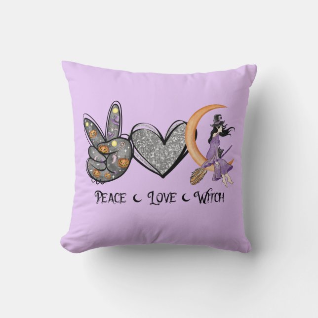 Peace, Love, Witch – Peace Sign, Heart & Witch Throw Pillow (Front)