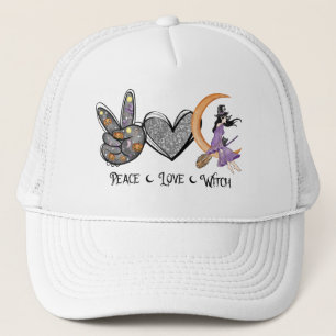 Peace, Love, Witch – Peace Sign, Heart & Witch Trucker Hat