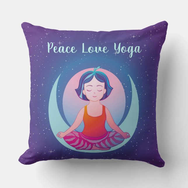 Peace Love Yoga girl meditation in space Throw Pillow (Front)