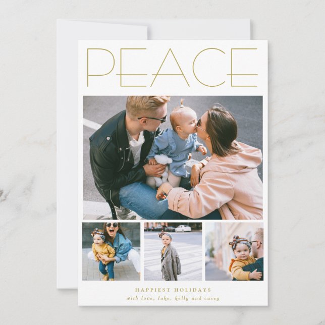 PEACE Minimalist Four Photo Collage Custom Holiday Card (Front)