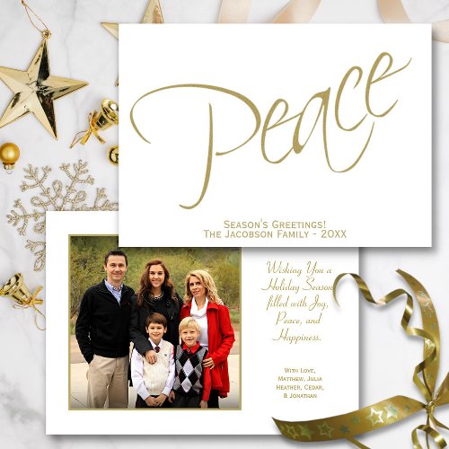 Peace Minimalist Gold Script Typography Photo Holiday Card