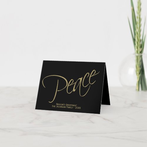 Peace Minimalist Modern Black  Gold Chic Photo Holiday Card