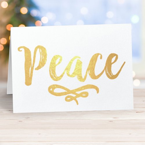 Peace Modern Brushed Script Photo Holiday Gold Foil Card