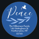 Peace Modern Script Holiday Return Address Classic Round Sticker<br><div class="desc">Discover striking blue and white "Peace" Holiday Script Classic Round Return Address Stickers,  available in 1.5-inch circles with 20 per sheet,  or in a larger 3-inch square or circle format.</div>