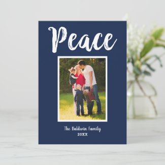 Peace Navy Blue Brushed Script Photo Holiday Card