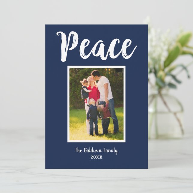 Peace Navy Script Modern Photo Holiday Card (Standing Front)