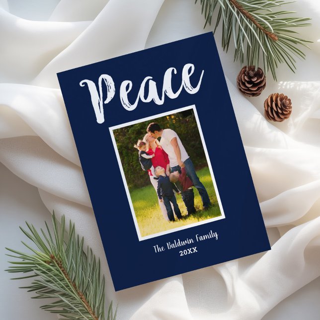 Peace Navy Script Modern Photo Holiday Card (Creator Uploaded)