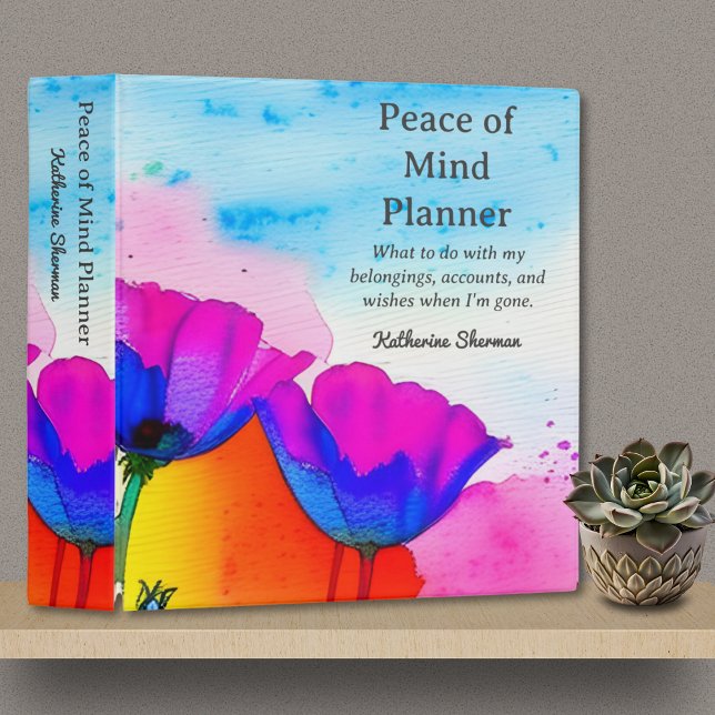 Peace of Mind End of Life Planner Estate Planning 3 Ring Binder (Peace of Mind Estate Planning Binder for Legal Financial Trust Documents, all text is customizable.)