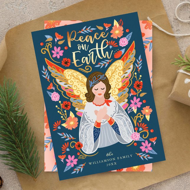 Peace on Earth Angel Floral Folk Art Deep Blue Holiday Card (Peace on Earth Angel Floral Folk Art Deep Blue Holiday Card)
