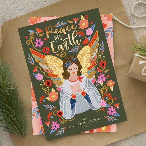 Peace on Earth Angel Floral Folk Art Earthy Green Holiday Card