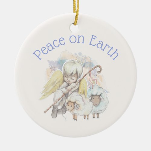 Peace on Earth Angel Shepherd  Lambs Ceramic Ornament