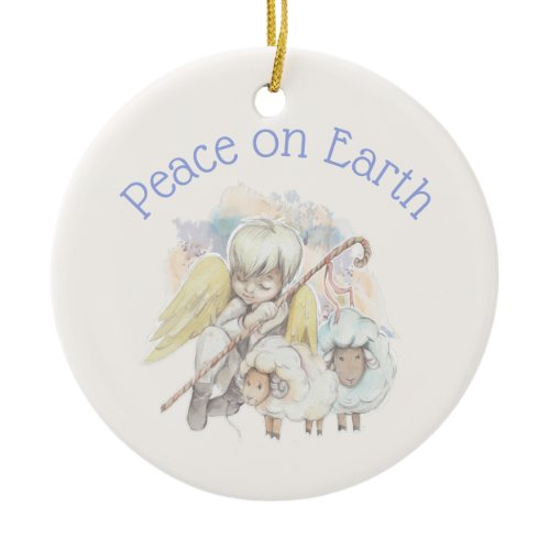 Peace on Earth Angel Shepherd &amp; Lambs Ceramic Ornament