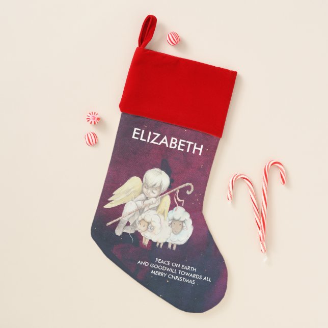 Peace on Earth Angel Shepherd & Lambs Christmas Stocking (Front)