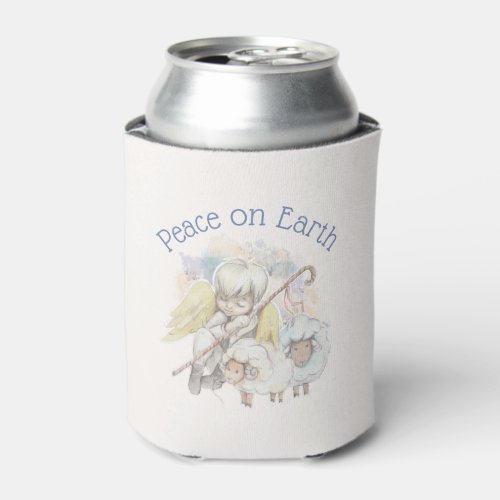 Peace on Earth Angel Shepherd with Lambs Can Cooler