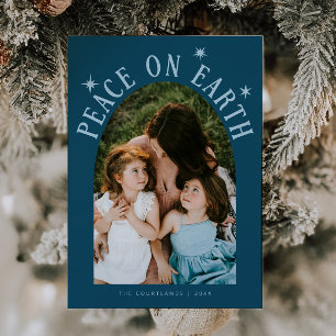 Peace On Earth Arch Photo Teal Christmas Holiday Card