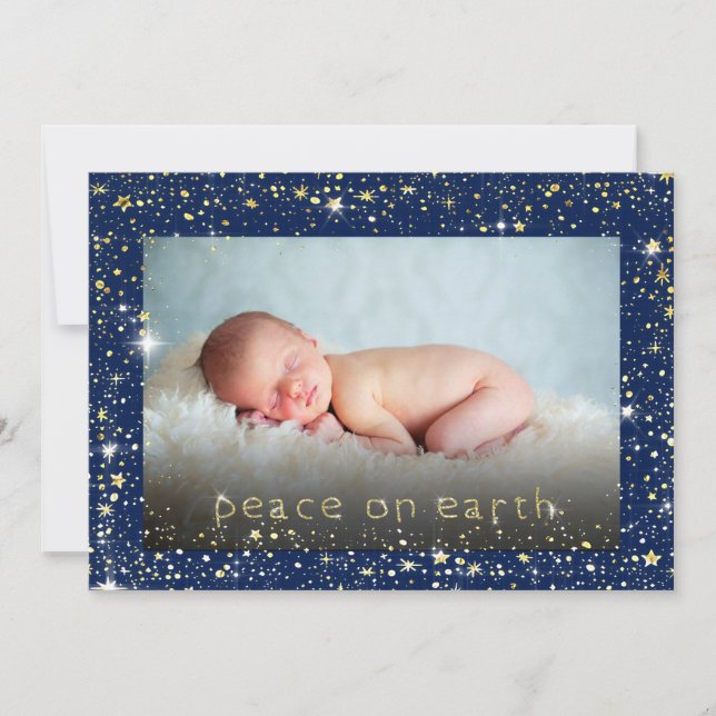 Peace on Earth Baby Photo Stars Blue Christmas Holiday Card (Front)