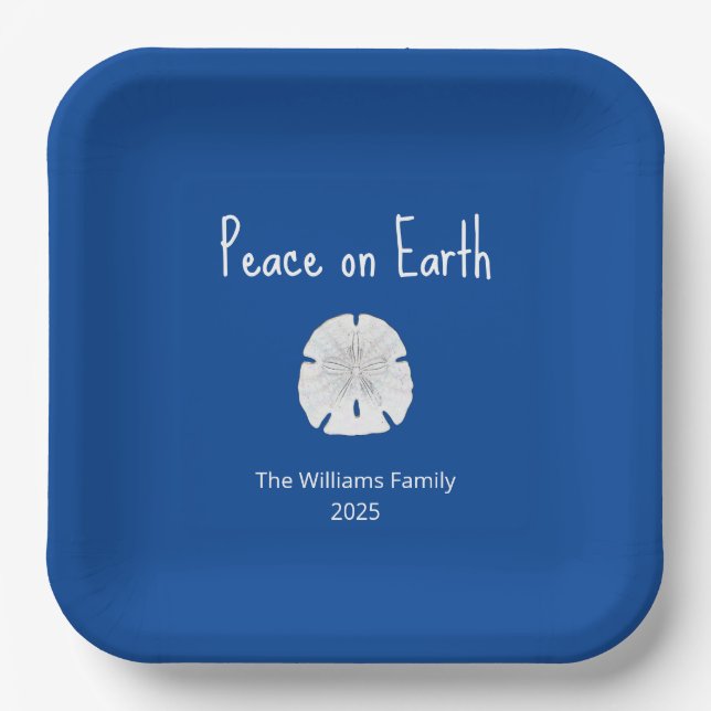 Peace on Earth Beach Sand Dollar Blue Christmas Paper Plates (Front)