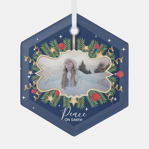 Peace on Earth Beautiful Blue Photo Christmas Glass Ornament