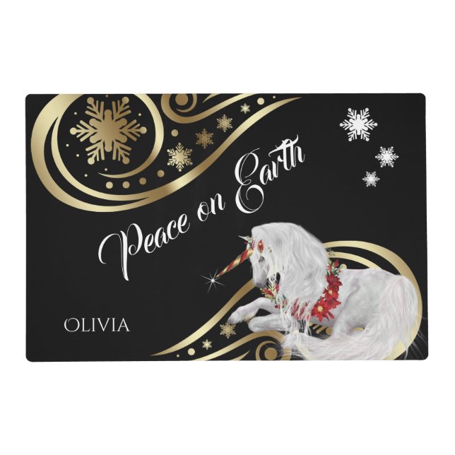 Peace on Earth Beautiful Fantasy Christmas Unicorn Placemat (Front)