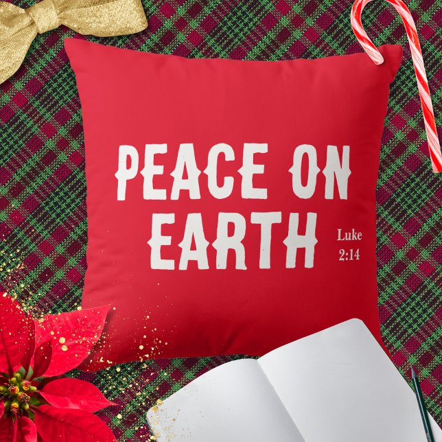 Peace on Earth Bible Verse Red Modern Christmas Throw Pillow (A festive Christmas throw pillow cushion with 'Peace on Earth' words, in white on red)