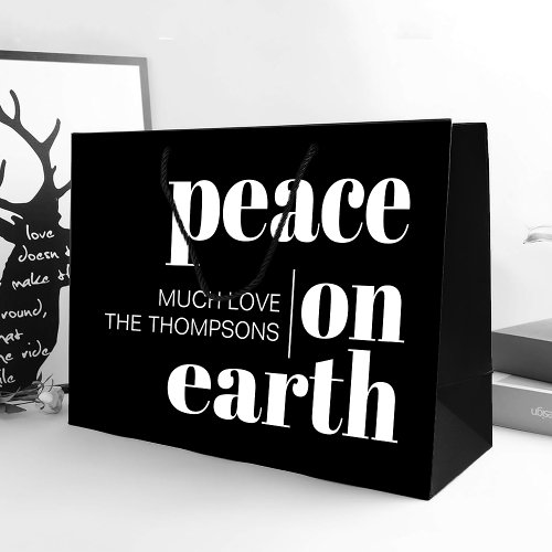 Peace On Earth Black Modern Christmas Large Gift Bag
