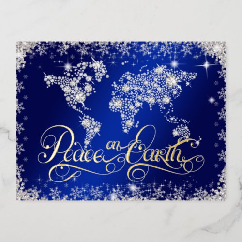 Peace on Earth Blue and Diamonds  Foil Holiday Postcard