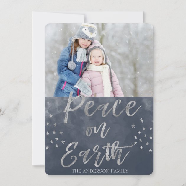 Peace On Earth Blue And Silver Watercolor Photo Holiday Card