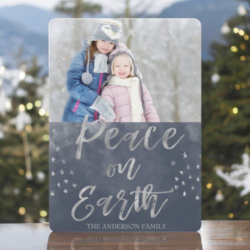 Peace on Earth Blue and Silver Watercolor Photo Holiday Card