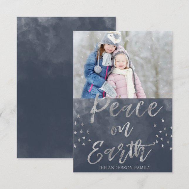 Peace on Earth Blue and Silver Watercolor Photo Invitation (Front/Back)