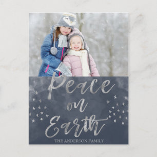 Peace on Earth Blue and Silver Watercolor Photo Postcard