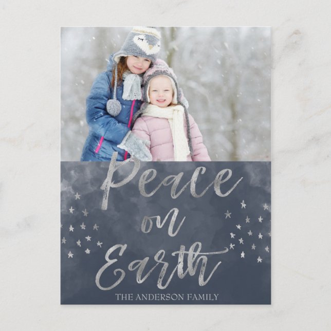 Peace on Earth Blue and Silver Watercolor Photo Postcard (Front)
