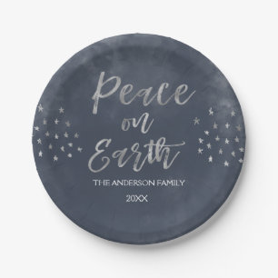 Peace on Earth Blue and Silver Watercolor Plates