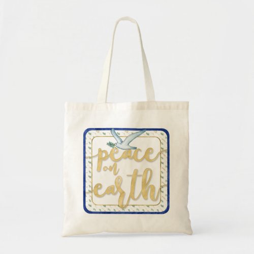 Peace on Earth Blue Gold Green Watercolor Tote Bag