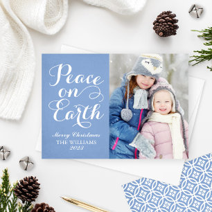 Peace on Earth Blue Script Photo Holiday Card