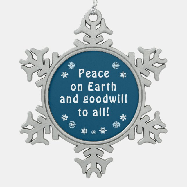 Peace on Earth Blue Snowflake Pewter Christmas Ornament (Front)