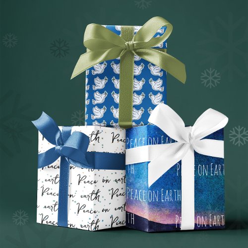 Peace On Earth Blue White Dove Pattern Christmas Wrapping Paper Sheets