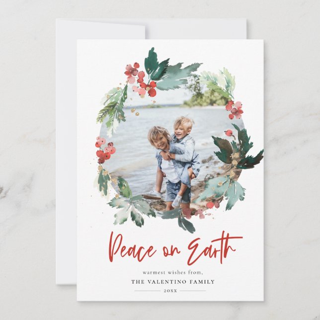 Peace On Earth Botanical Berry Wreath Photo Holiday Card (Front)
