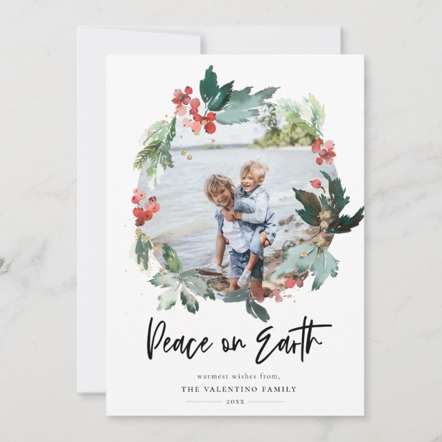 Peace On Earth Botanical Berry Wreath Photo Holiday Card (Front)