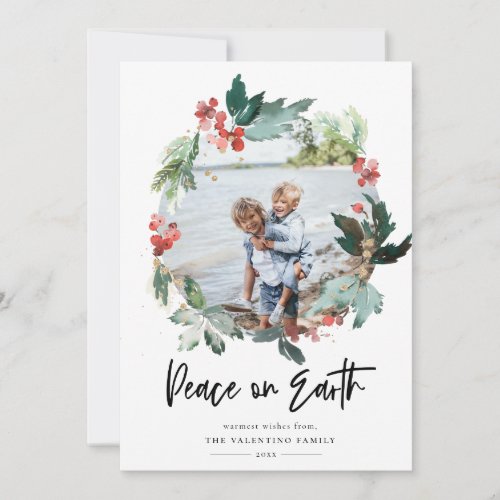 Peace On Earth Botanical Berry Wreath Photo Holiday Card