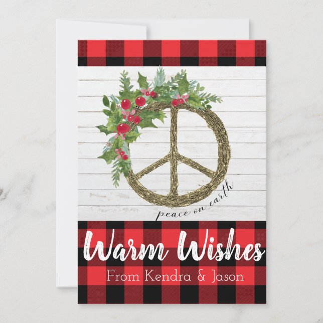 Peace On Earth Buffalo Plaid Christmas Card (Front)