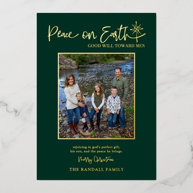 Peace on Earth Burgundy Photo Christmas Elegant Foil Holiday Card (Front)