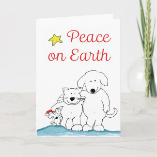 Peace on Earth Cat, Mouse and Dog Holiday Greeting Card