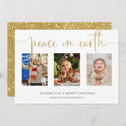 Peace on Earth Christmas 3 Photo Collage Glitter H Holiday Card